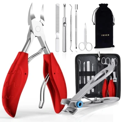 Abbildung von INXEN Profi Maniküre Nagelknipser Set, Scharf Nagelzange für Dicke Eingewachsene Fußnägel, Edelstahl Pediküre Fusspflege Nagelknipser, 7 Pcs Set mit Nagelschere Nagelhautschere Nagelfeile,Rot