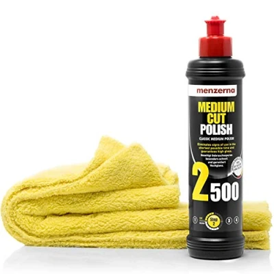 Abbildung von detailmate Auto Polier Set Autopflege: Menzerna Autopolitur MEDIUM CUT POLISH 2500, 250 ml Beseitigung von Schleifspuren + Mikrofaser Poliertuch, 40x40cm, perfekt zum Auspolieren auf Autolack