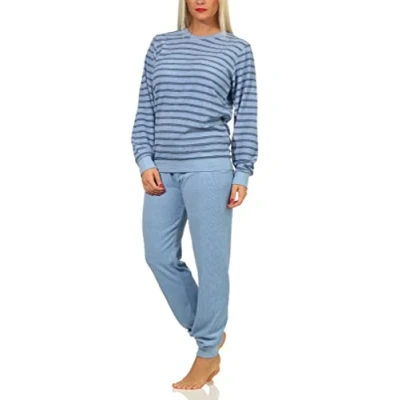 Abbildung von Mädchen Frottee Pyjama Langarm Schlafanzug mit Bündchen in Streifenoptik 212 401 13 801, Farbe:hellblau, Größe:158 164