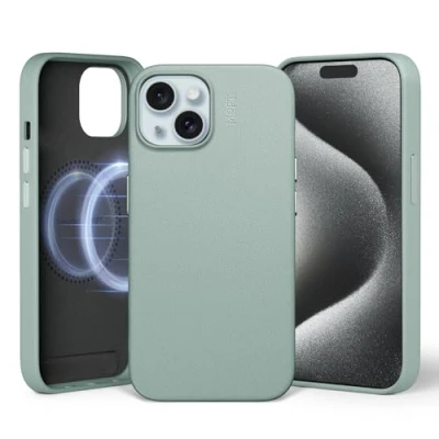 Abbildung von MOFT Magnetische Hülle für iPhone 15 Kompatibel mit MagSafe, MOVAS Vegane Lederhülle, Weiches Berührungsgefühl, Farbbeständigkeit, Kratz &amp; Schmutzabweisend, Leicht zu Reinigen, Seafoam