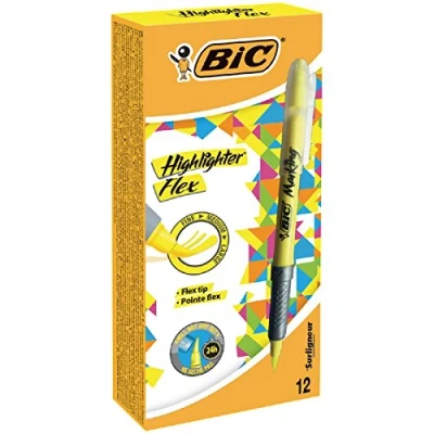 Abbildung von BIC Highlighter Flex, Textmarker mit flexibler Pinselspitze, 12er Pack, in Gelb, Austrocknungsschutz