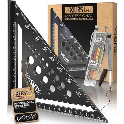 Abbildung von KLRStec Zimmermannswinkel Set Hochwertiges Tischlerwinkel inkl. Tieflochmarker, [+Minen] Metall Messwinkel Werkzeug