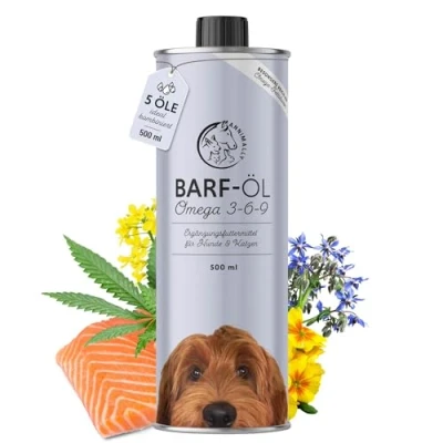Abbildung von Barf Öl für Hunde 500ml Barföl mit Omega 3 6 9 aus: Lachsöl, Rapsöl, Hanföl &amp; Borretschöl Futteröl Hund als Futter Topping (Barf Zusatz)