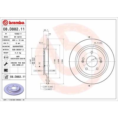 Abbildung von BREMBO 08.D882.11 Bremsscheibe 284 10 5 voll beschichtet hochgekohlt mit Schrauben HYUNDAI: Kona SUV