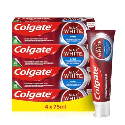 Abbildung von Colgate Zahnpasta Max White Optic 4x75 ml entfernt bis zu 100% der Oberflächenverfärbungen für eine sofortige Zahnaufhellung* und ein weißeres Lächeln