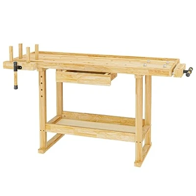 Abbildung von Wiltec Werkbank 151 x 61,5 86 cm aus Holz, Werktisch Rubberwood, Hobelbank bis 150 kg belastbar, Werkzeugbank mit Schublade und Spannzangen