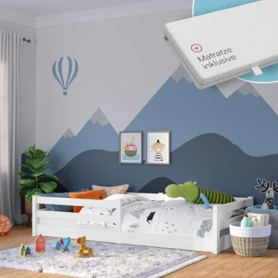 Abbildung von Bellabino Bett Iskri (inkl. Matratze, Lattenrost und Rausfallschutz, 90x200cm), Massivholz Kiefer, weiß lackiert