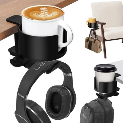 Abbildung von Winter Shore 2 in 1 Headset Halterung &amp; Getränkehalter Tisch Für Bürobedarf Robuste Aluminiumlegierung Kein Verschütten mit der Klemme Kopfhörer Halter 360 Grad Drehhaken