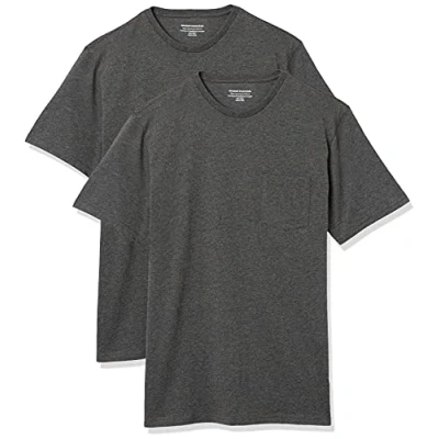 Abbildung von Amazon Essentials Herren T Shirt mit kurzen Ärmeln, Rundhalsausschnitt und Tasche in normaler Passform, 2er Pack, Dunkelgrau Meliert, 4XL Große Größen Tall