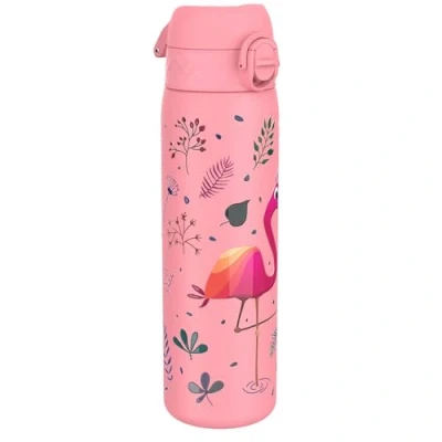Abbildung von ion8 Stahl Trinkflasche, 600 ml, Auslaufsicher, Einhandöffnung, Sichere Verriegelung, Spülmaschinenfest, Klappdeckel, Tragegriff, Leicht zu Reinigen, Langlebig, Flamingo Design