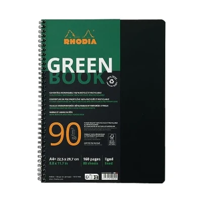 Abbildung von Rhodia 119914C Rhodiactive Greenbook Spiralheft, liniert, DIN A4+ 22,5x29,7cm, 80 Blatt mikroperforiert, 4 fach gelocht, 100% Recycling Papier, 90, Schwarz, 1 Stück