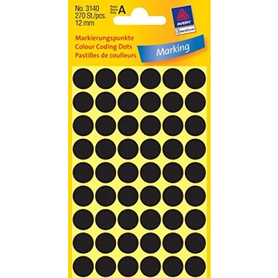Abbildung von AVERY Zweckform 3140 selbstklebende Markierungspunkte 270 Stück (Ø12mm, Klebepunkte auf 5 Bogen, Punktaufkleber zur Farbcodierung, runde Aufkleber für Kalender, Planer und zum Basteln, Papier) schwarz