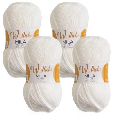 Abbildung von Wollidu Mila Garn zum Häkeln und Stricken 4 x 50g/133m Strickgarn 100% Polyacryl Häkelgarn Weiß