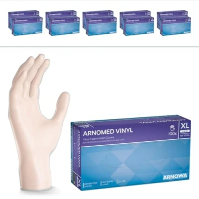Abbildung von ARNOMED Einweghandschuhe XL, Vinyl Handschuhe 1000 Stk (10x100 Stk), Einmalhandschuhe, Einweg puderfrei, Gummihandschuhe latexfrei, Handschuhe, Einmalhandschuhe in S, M, L, XL