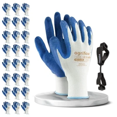 Abbildung von FUZZIO 24 Paar Ogrifox Latex besichtet Arbeitshandschuhe Handschuh Klammern (M 8, Weiß)