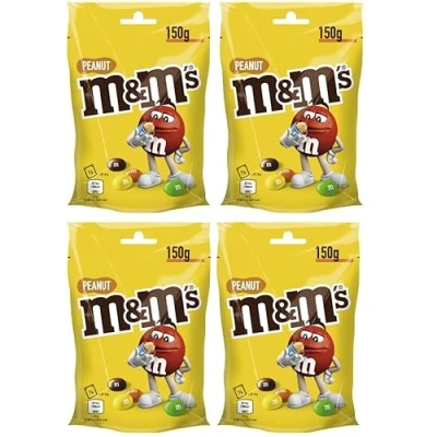 Abbildung von M&amp;M&#039;S Peanut 4x 150g Schokolinsen mit Erdnusskern Schokolade Geschenk Snack Naschen Süßigkeiten Süßes Vier Packungen (4 x = 600g)