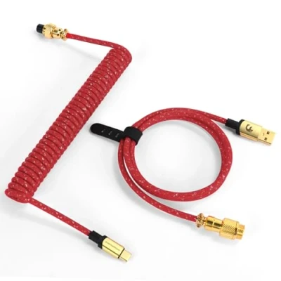 Abbildung von MAMBASNAKE C03 Coiled USB C Kabel für Gaming Tastatur, Starlight Geflochtenes Tastaturkabel, Typ bis A, Braided Cable C, Spiral Tastaturkabel Abnehmbare Gold Luftfahrtanschluss Rot
