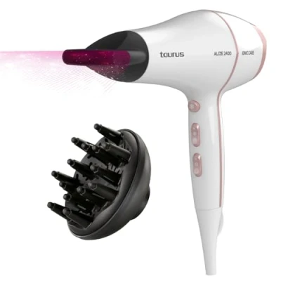 Abbildung von Taurus Alize 2400 Ionic Care Haartrockner W Ionen Technologie für Helligkeit 3 Temperaturen und 2 Geschwindigkeiten Kaltluftstoß ergonomischer Griff Konzentrat Diffusor