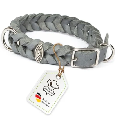 Abbildung von CopcoPet Fettleder Hundehalsband geflochten mit Dornschließe verchromt Handarbeit aus Deutschland Lederhalsband Grau 20 mm Breite 35 39 cm Halsumfang