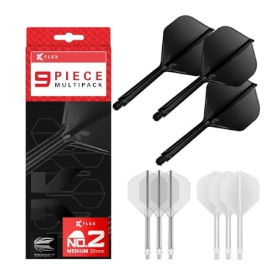 Abbildung von Target Darts K Flex Integrated Dart Flights and Shafts, Mittlerer Stiel (33 mm), Nr. 2 Flug, 9er Pack, schwarz, weiß und transparent