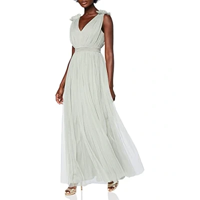 Abbildung von Maya Deluxe Damen Women&#039;s Maxi With Ruffle V Neck Sleeveless High Empire Waist Long Prom Guest Weddi Bridesmaid Dress, Sage Green, 42 EU