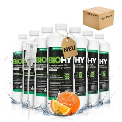 Abbildung von BiOHY Bodenreiniger für Wischroboter Station mit Orangenduft (9 x 1 Liter) + Dosierer Reinigungsmittel Konzentrat alle Wisch &amp; Saugroboter Nass Funktion Schaumarm Streifenfrei
