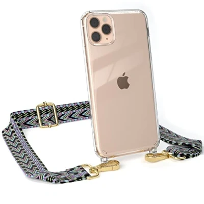 Abbildung von EAZY CASE Handykette Verstellbarer Trageriemen kompatibel mit iPhone 11 Pro Max, Schulterriemen, dünner Riemen, Handykordel Hülle, Schultertasche, Lila/Grün Clip Gold