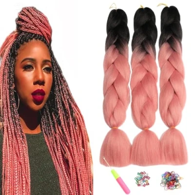 Abbildung von ShowJarlly Kanekalon Kunsthaar Haar, Haar Braids Extension, Ombre Jumbo Braid Haarverlängerung 24&quot;, Zöpfe Box Zum Einflechten Schwarz/Rosa#