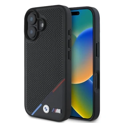 Abbildung von CG MOBILE BMW HC M Handyhülle entworfen für iPhone 16, langlebig, stoßfest, kompatibel mit Magsafe, PU perforierte Tricolor Line Hülle, Schwarz