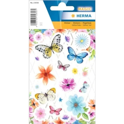 Abbildung von HERMA 15656 Aufkleber Blumen Glitzer klein groß, 19 Stück, Schmetterlinge Sticker mit Pflanzen Blüten Motiv, Kinder Etiketten für Fotoalbum Tagebuch Poesiealbum Scrapbooking Geburtstag Deko Briefe DIY