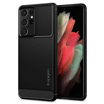Abbildung von Samsung Galaxy S21 Ultra Hülle Silikon Spigen Soft Case/Backcover Handyhülle Schwarz Shockproof/Stoßfest