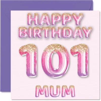 Abbildung von Stuff4 Geburtstagskarte zum 101. Geburtstag für Mama rosa &amp; lila Glitzerballons Happy Birthday Karten 101 Jahre alte Mutter, Mutter vom Sohn, Tochter, 145 mm x