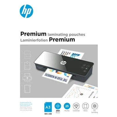 Abbildung von HP Premium Laminierfolien, DIN A3, 250 Micron, glänzend, transparent, zum Heißlaminieren, 25 Stück, 9128