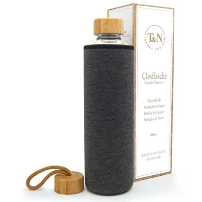 Abbildung von T&amp;N Glasflasche 1 Liter / 750ml 500ml Trinkflasche Glas 1l mit Neoprenhülle Wasserflasche Auslaufsicher Glastrinkflasche aus dickerem Borosilikat für Kohlensäure geeignet