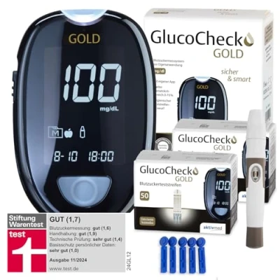 Abbildung von GlucoCheck GOLD Set (mg/dl) zur Kontrolle des Blutzuckers mit 110 Teststreifen 1 St