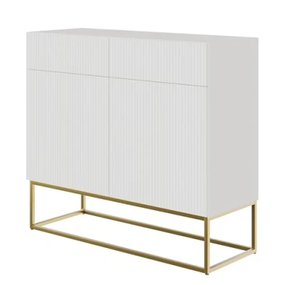 Abbildung von Selsey Kommode Schrank Aufbewahrungsschrank 100 cm Mit 2 Schubladen Und Türen Weiß Goldene Beine Veldio