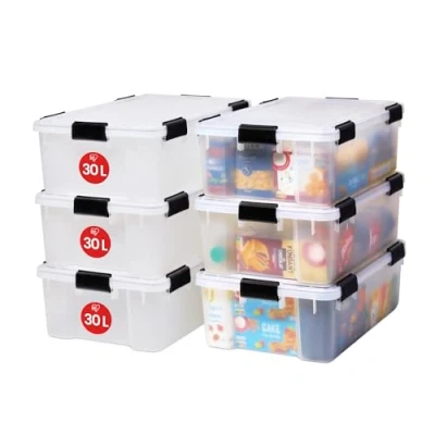 Abbildung von Iris Ohyama Luftdichte Kunststoff Aufbewahrungsboxen mit Deckel, 30L, 6er Set, Transparent, Hermetischer wasserdichter Verschluss, Robuste Schnappverschlüsse, Stapelbar, Staubschutz, BPA frei, AT LS