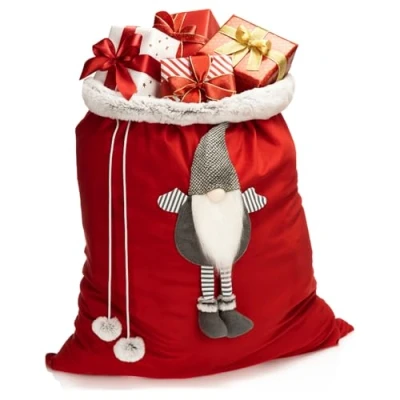 Abbildung von com four® Premium XL Weihnachtssack roter Geschenkesack zum Befüllen Weihnachtsbeutel mit Bommeln &amp; Wichtel als Dekoration und tolle Geschenkverpackung