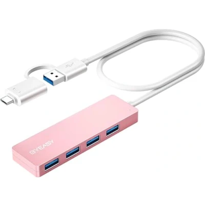 Abbildung von USB HUB, BYEASY C HUB zu 3.0 mit 4 Port und 2 ft Kabel, Ultra Dünn Tragbarer Splitter für MacBook, Mac Pro/Mini, iMac, PS4, Surface Pro, XPS, PC, Flash Laufwerk, Samsung mehr(Rosa)