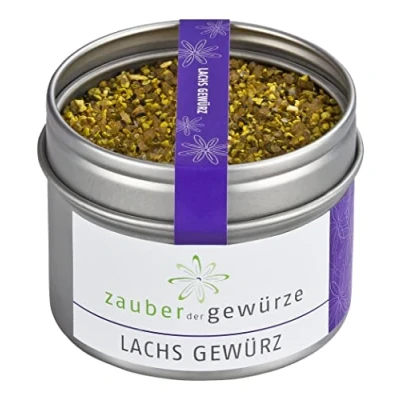 Abbildung von Zauber der Gewürze Lachs Gewürz, lecker für gebraten, vom Grill, von Planke, Flammlachs, Premium Qualität in wiederverschließbarer Aroma Dose, 95 g