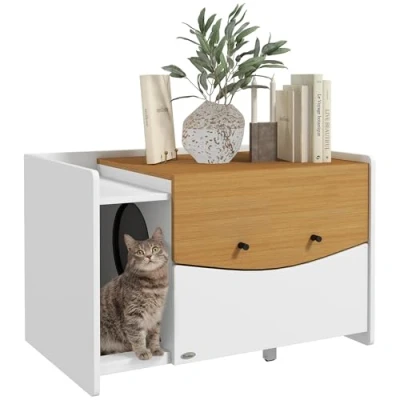 Abbildung von PawHut Katzentoilette Katzenhaus mit ausziehbarem Schrank, Streuauffangmatte, für Wohnzimmer, Eiche