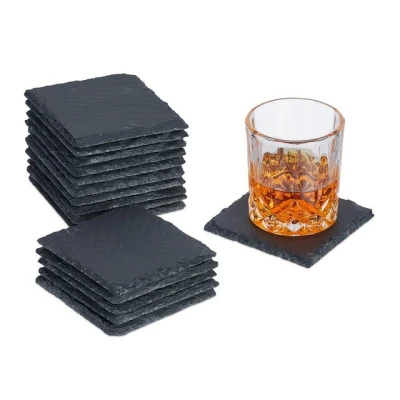 Abbildung von Relaxdays Schiefer Untersetzer, 16er Set, eckige Glasuntersetzer, 10x10 cm, Raclette &amp; Getränkeuntersetzer, anthrazit