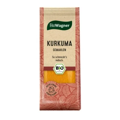 Abbildung von BioWagner Bio Kurkuma gemahlen intensiv gelbe Farbe für Currys und asiatische Gerichte naturbelassene Zutaten recyclebare Verpackung 40 g