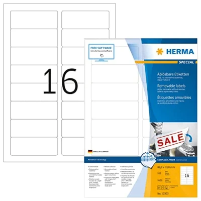 Abbildung von HERMA 10303 Universal Etiketten ablösbar, 1400 Blatt, 88,9 x 33,8 mm, 16 pro A4 Bogen, 22400 Stück, selbstklebend, bedruckbar, matt, blanko Papier Klebeetiketten Aufkleber, weiß