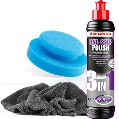 Abbildung von detailmate Handpolitur Auto Set Menzerna Medium Cut Politur One Step Polish 3 in 1, 250ml + Made Germany Polierschwamm Ø130mm ultraflausch Mikrofaser Poliertuch 550GSM 1 Schutzhandschuh