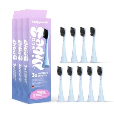 Abbildung von happybrush Aufsteckbürsten 9 Stück (3x3) für elektrische Schallzahnbürste ECO VIBE Sunrise Wechselköpfe mit Icons zur Unterscheidung Original Ersatzbürsten abgerundeten Borsten (Pastelltöne)