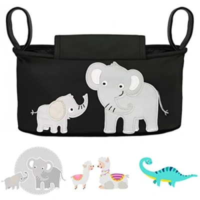 Abbildung von GLÜCKSWOLKE Kinderwagen Tasche in Grau oder Schwarz I 6 Motive Kinderwagentasche &amp; Buggy Organizer, mit Getränkehalter und Feuchttücherfach