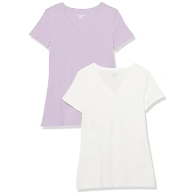 Abbildung von Amazon Essentials Damen Kurzärmeliges T Shirt mit V Ausschnitt, Klassischer Schnitt, 2er Pack, Pastelllila/Weiß, S