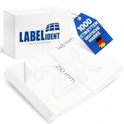 Abbildung von Labelident Laseretiketten selbstklebend auf DIN A4 Bogen 210 x 148 mm 1.000 Versandetiketten im A5 Format, DHL, DPD, Fedex, GLS, Hermes, UPS, 500 Blatt Papier Laserdrucker Etiketten