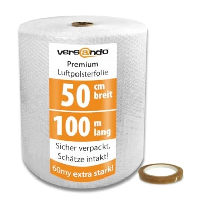 Abbildung von versando Premium Luftpolsterfolie extra stark 100m x 0,5m Versand, Verpackung, Umzug Noppenfolie Bubble Wrap LPF Rolle und Klebeband 19mm 66m